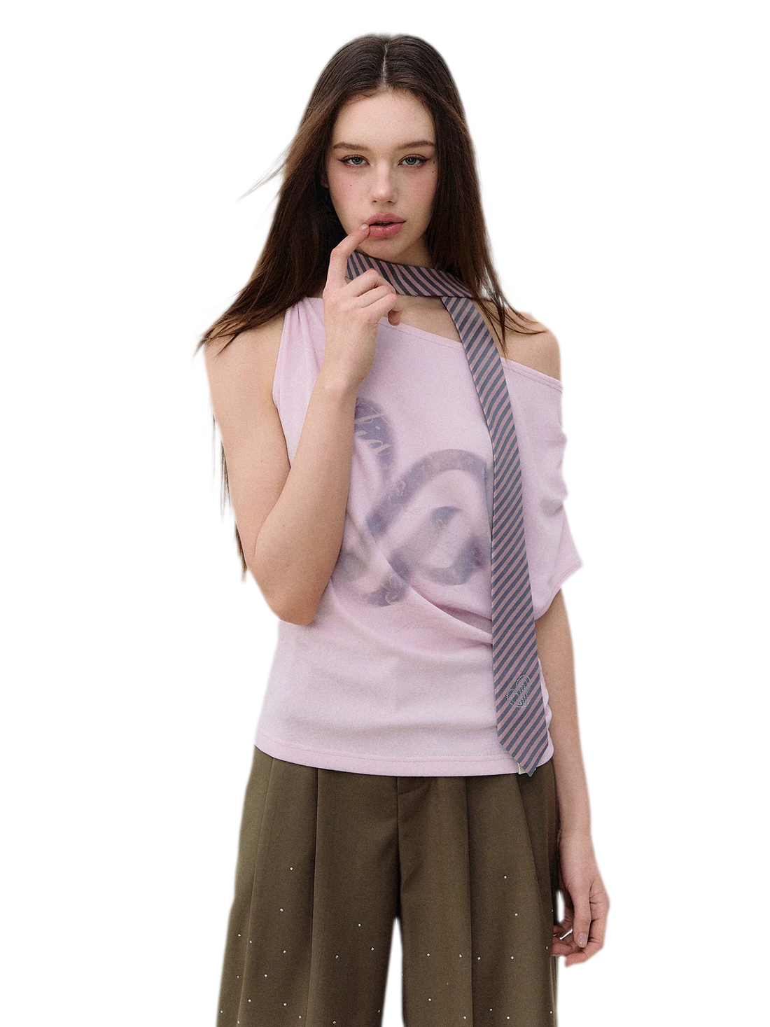 Asymmetric Shoulder Heart Logo Ruched Waist T-shirt