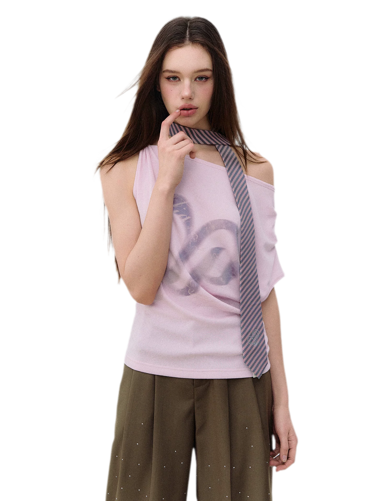 Asymmetric Shoulder Heart Logo Ruched Waist T-shirt