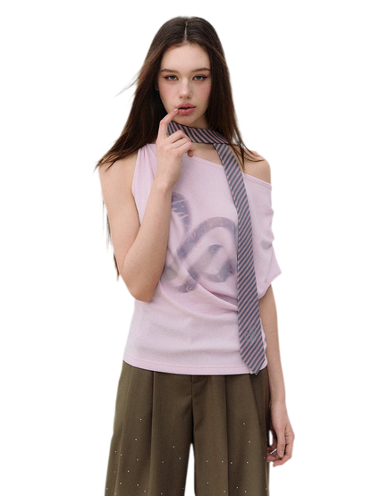 Asymmetric Shoulder Heart Logo Ruched Waist T-shirt