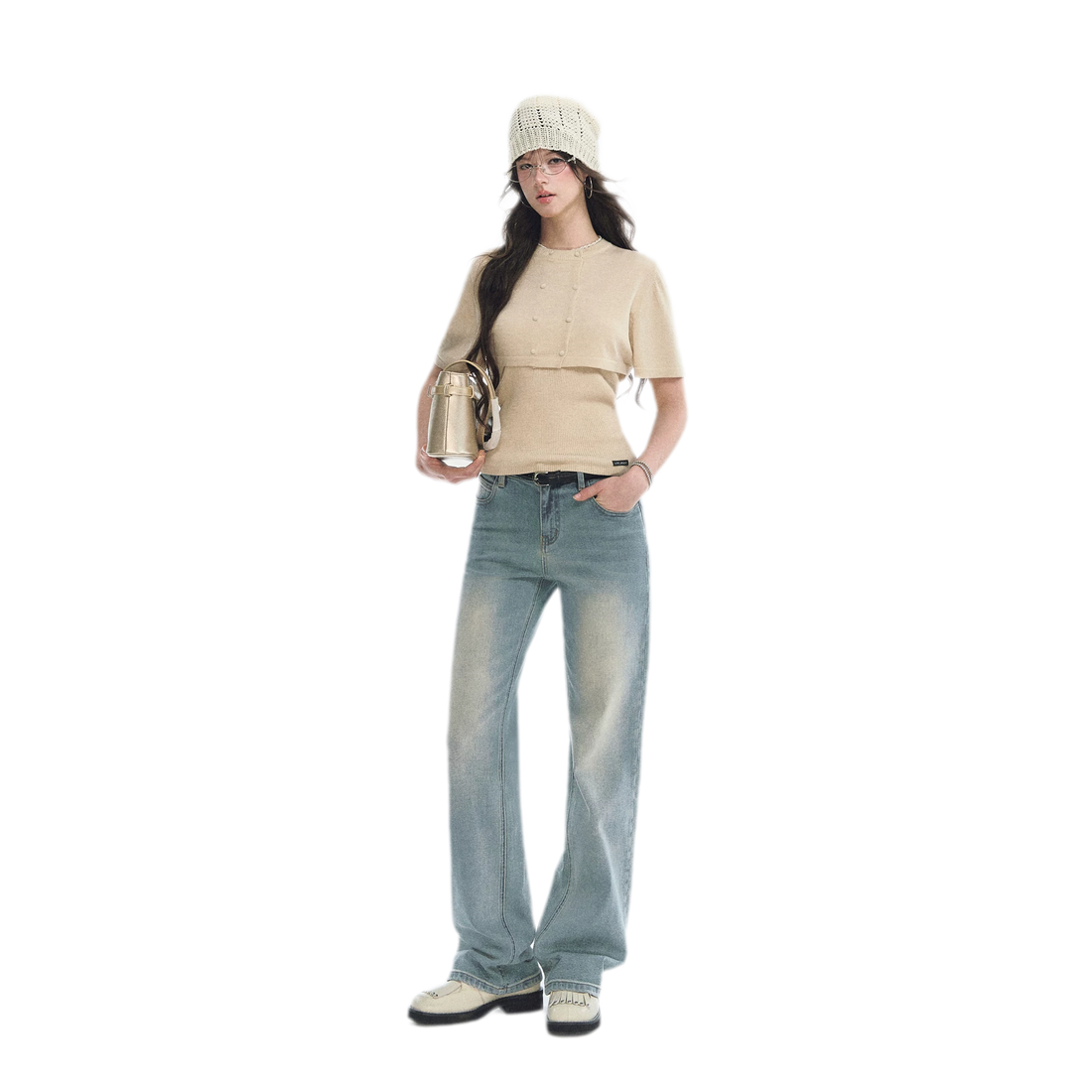 Washed Bow Embroidery Jeans