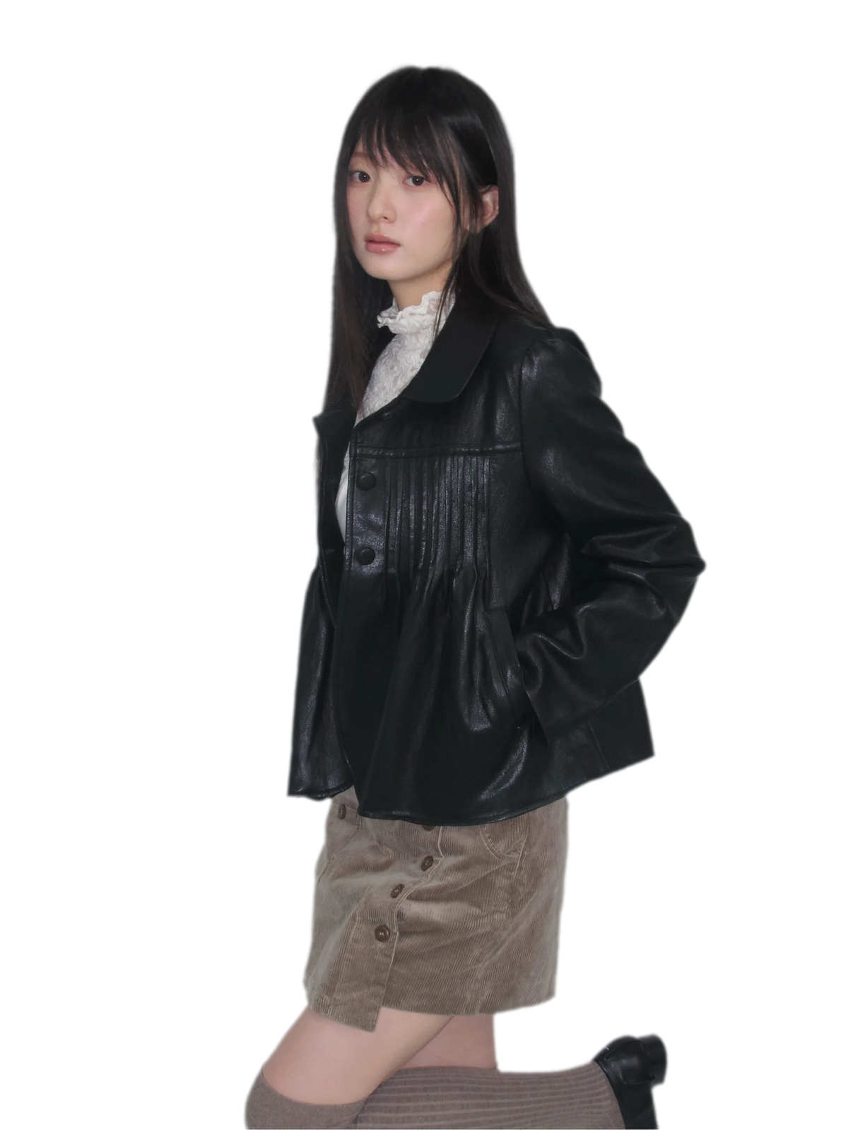 Distressed Pleated Oversized Leather Jacket