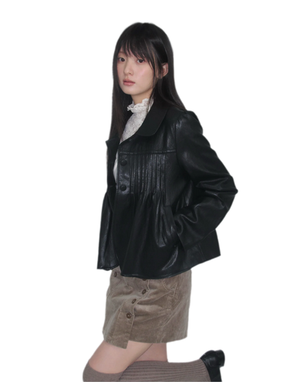 Distressed Pleated Oversized Leather Jacket