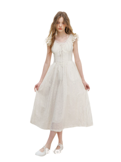 Embroidered Flutter Sleeve Dress