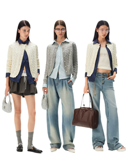 Cable Knit Faux-Layer Cardigan