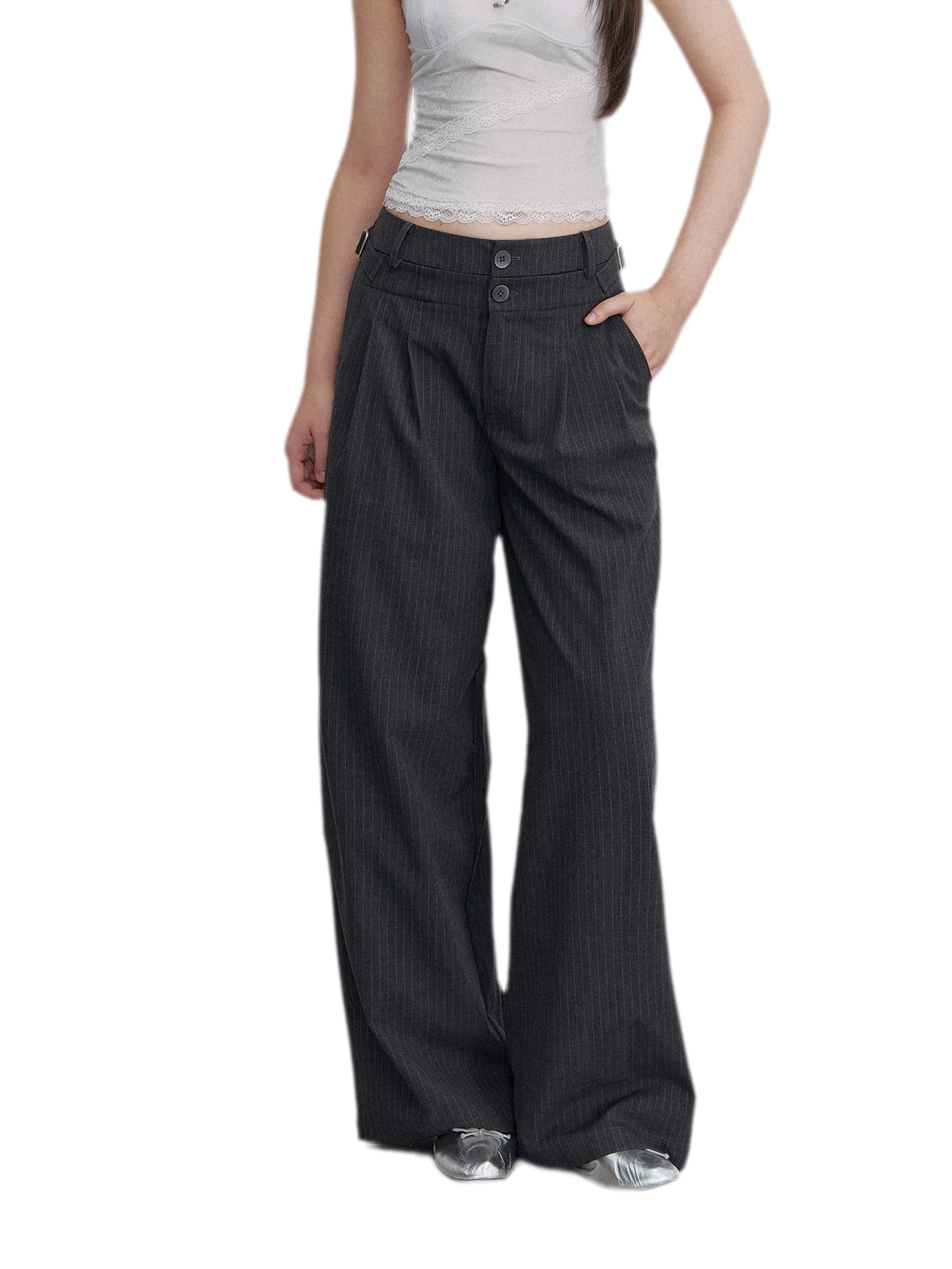 Pinstriped Pleated Wide-Leg Trousers