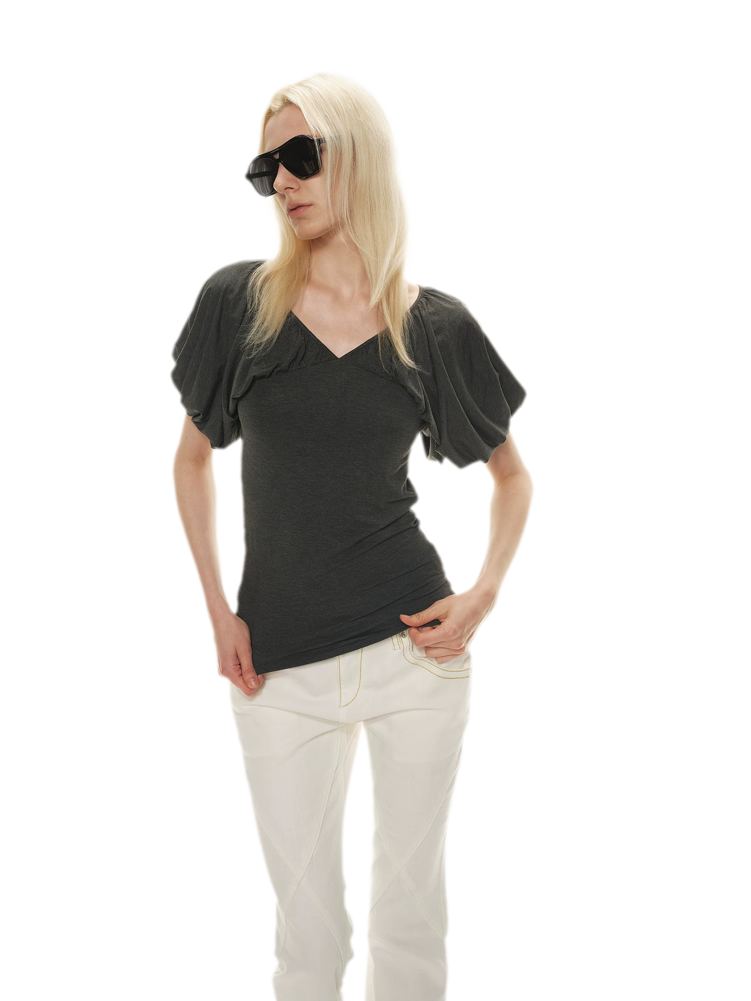 Soft Draped Puff Sleeve V-Neck Slim T-Shirt