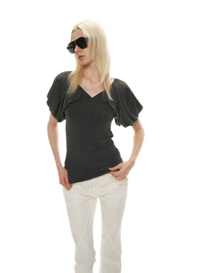 Soft Draped Puff Sleeve V-Neck Slim T-Shirt