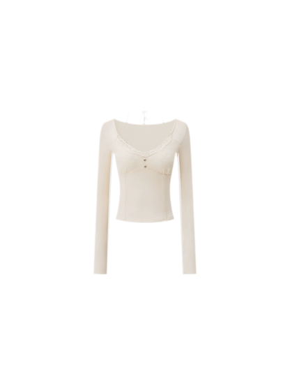 Lace Panel Cropped Long-Sleeve Top