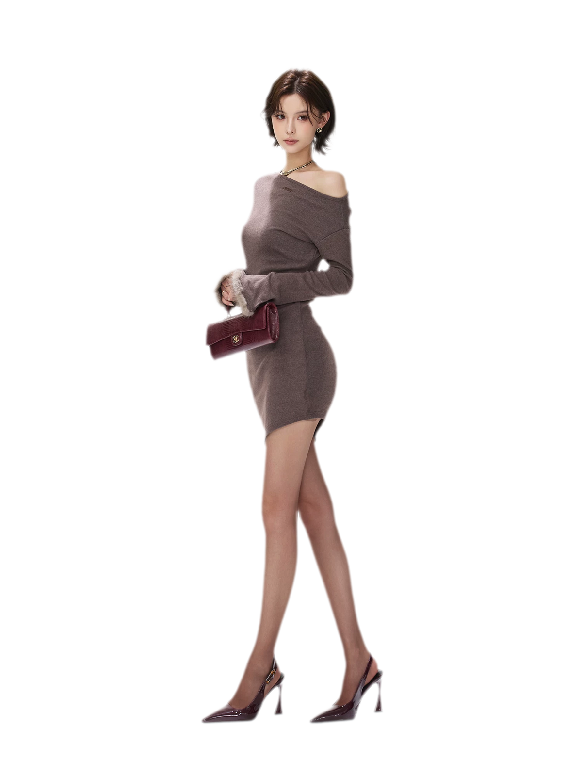 Asymmetrisches Kleid mit Fuchspelz-Bündchen