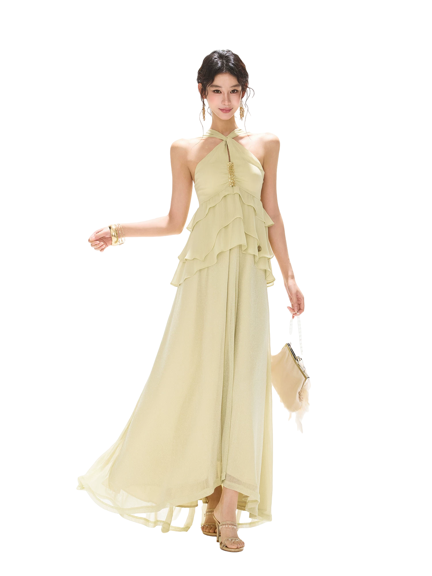 Flowing Sheer Halter Rhinestone Chiffon Long Dress Light Grass Green / M