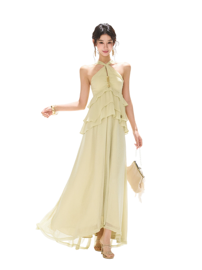 Flowing Sheer Halter Rhinestone Chiffon Long Dress