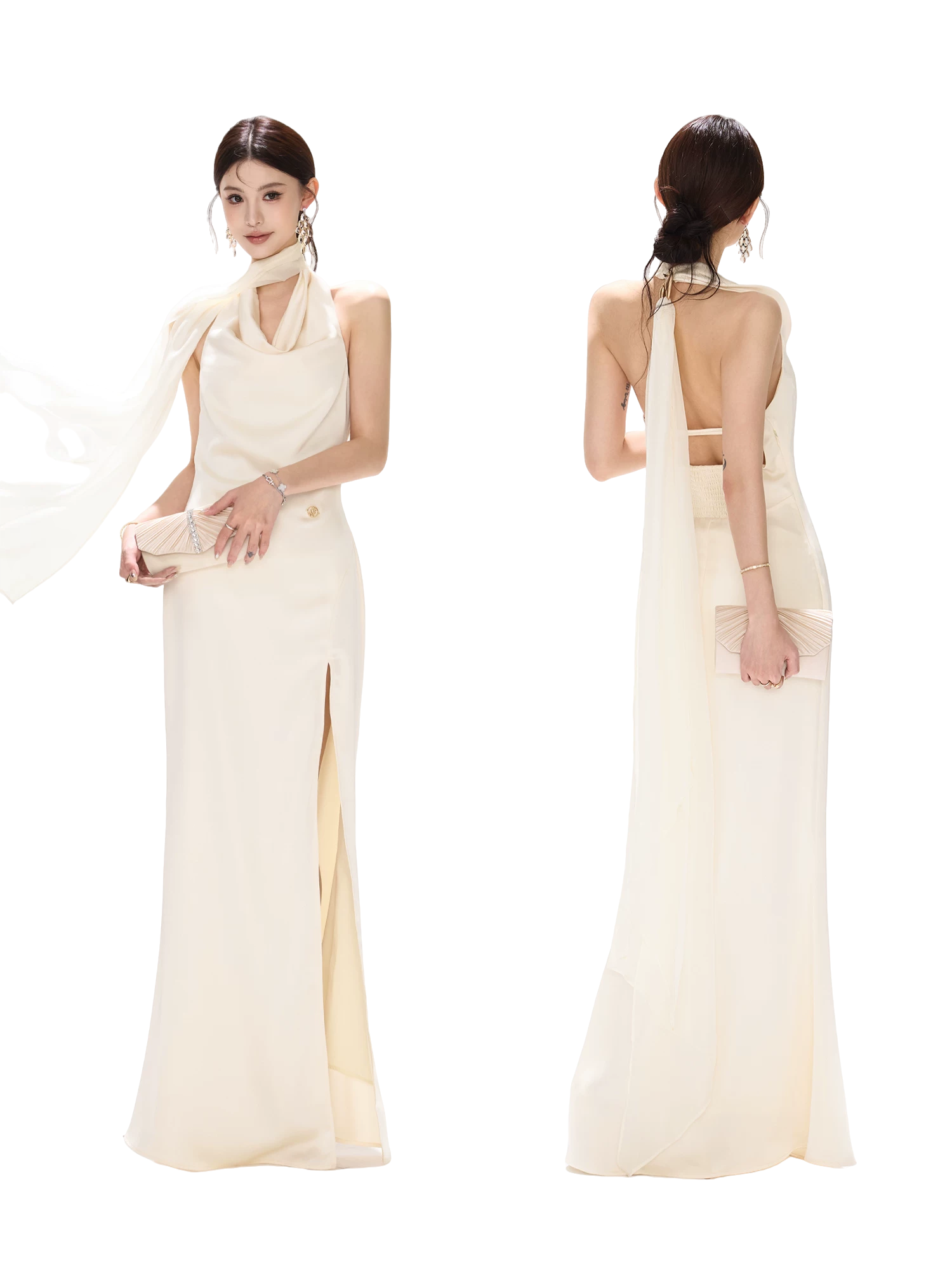 Halterneck Draped Satin Long Dress with Side Slit