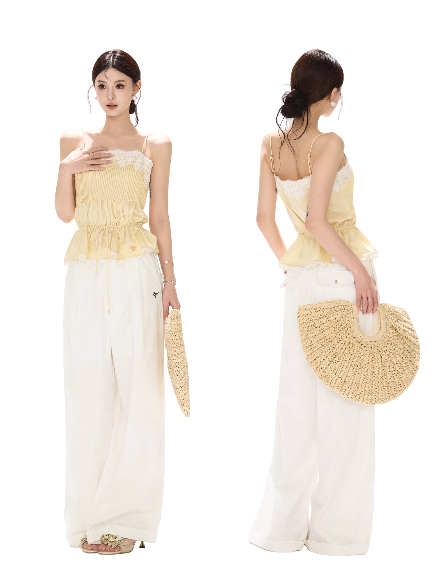 South France Holiday Lace Trim Waist-Cinched Camisole