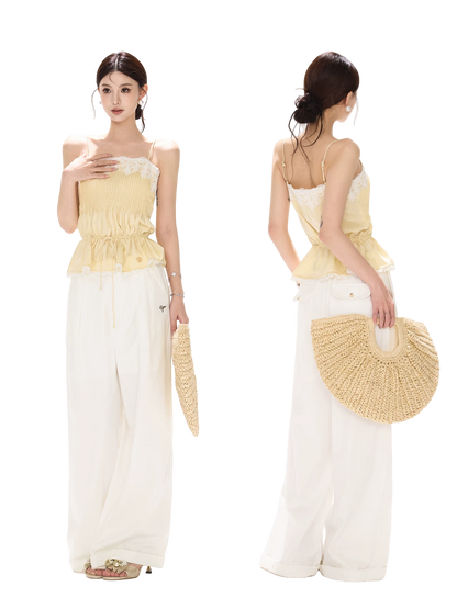 South France Holiday Lace Trim Waist-Cinched Camisole