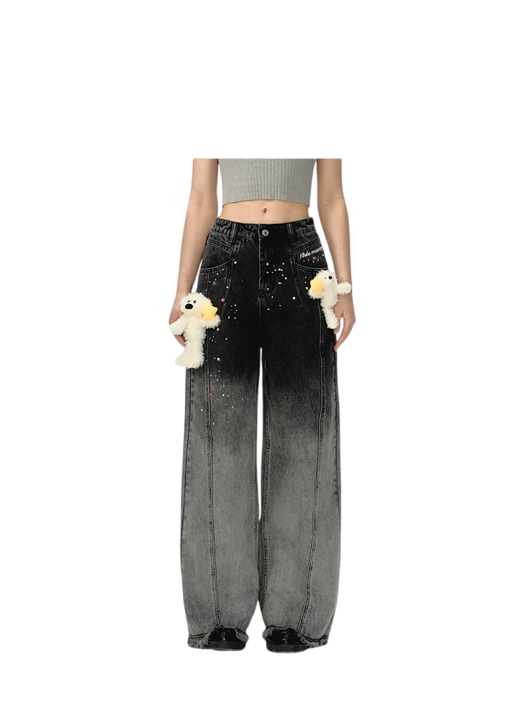 Unisex Glow Star Bear Wide-leg Casual Denim Pants