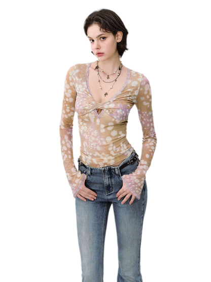 Deer Print Lace Mesh Top