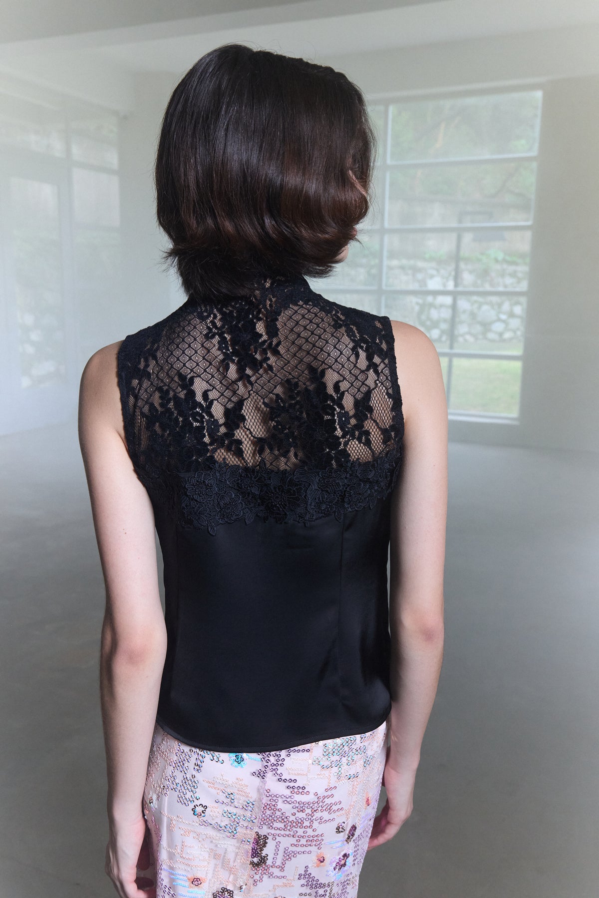 Embossed Lace Panel Sleeveless Top