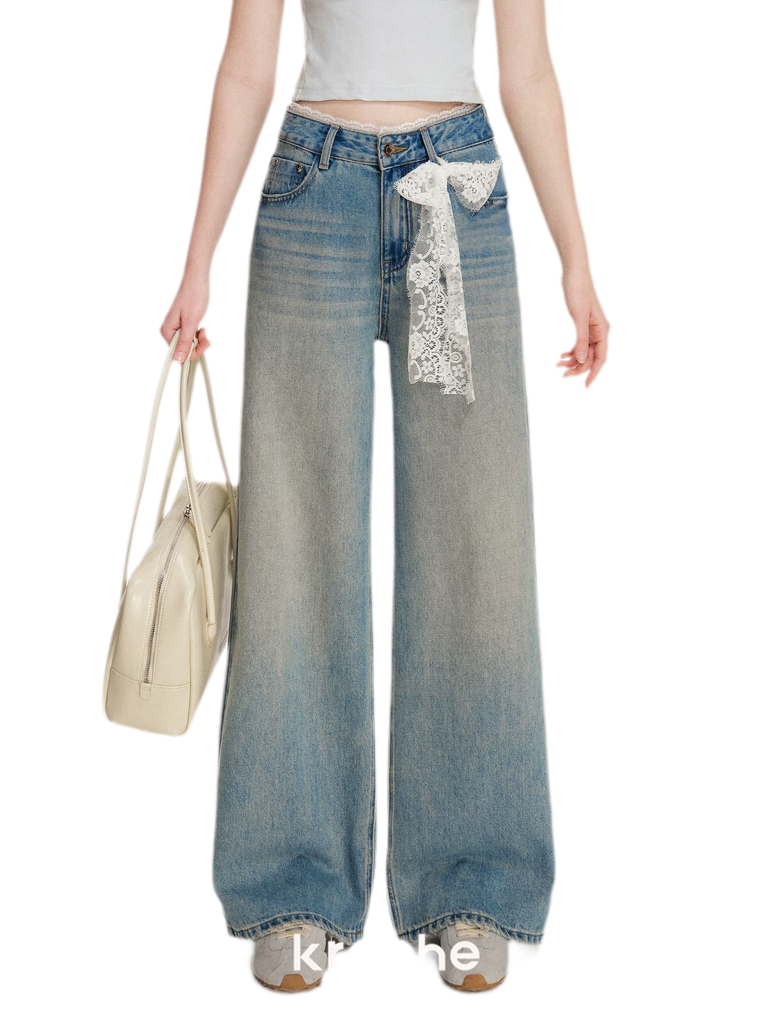 Lace-Trimmed Wide-Leg Denim Pants