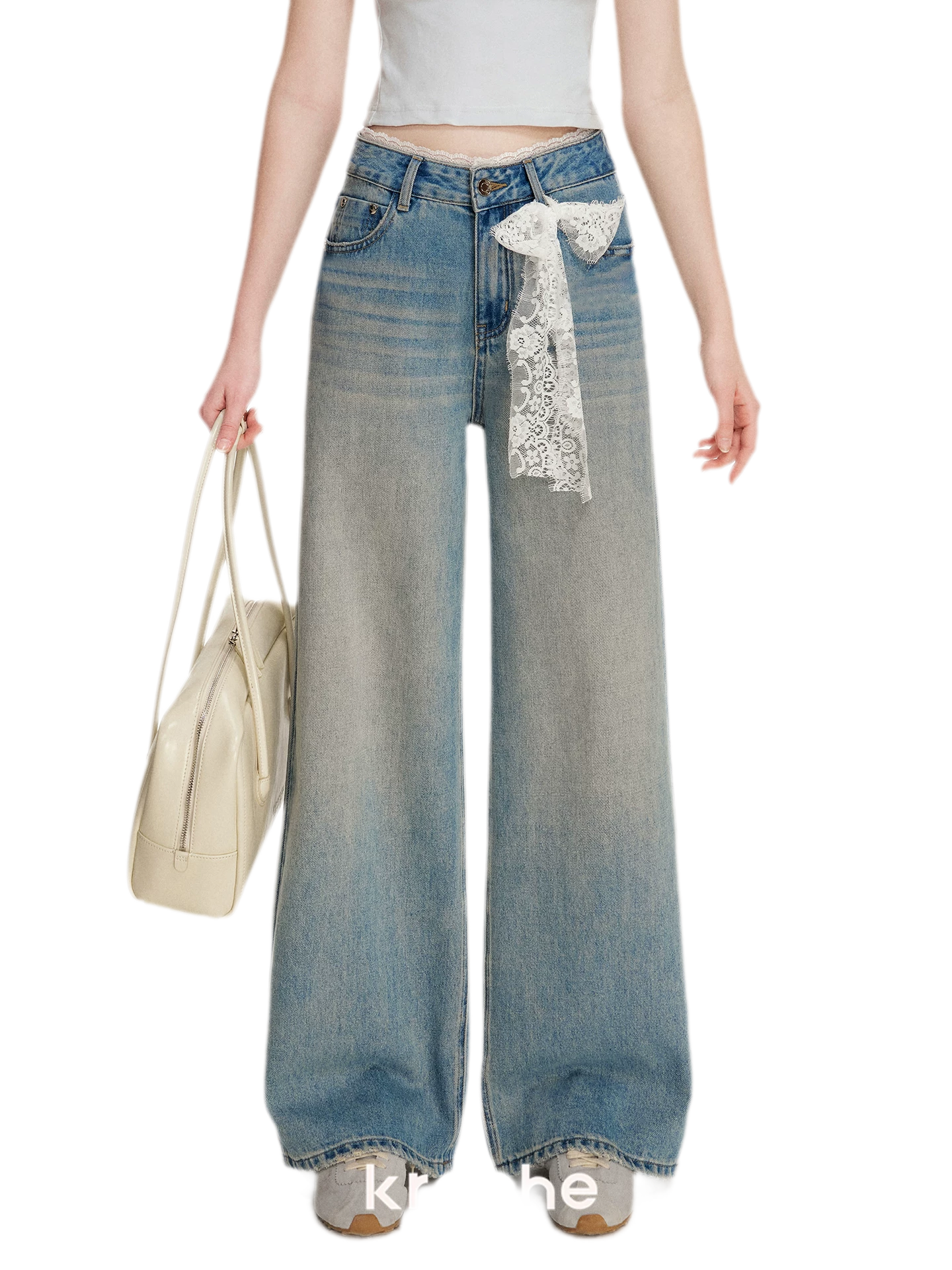 Lace-Trimmed Wide-Leg Denim Pants