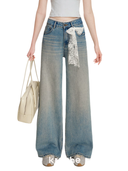 Lace-Trimmed Wide-Leg Denim Pants