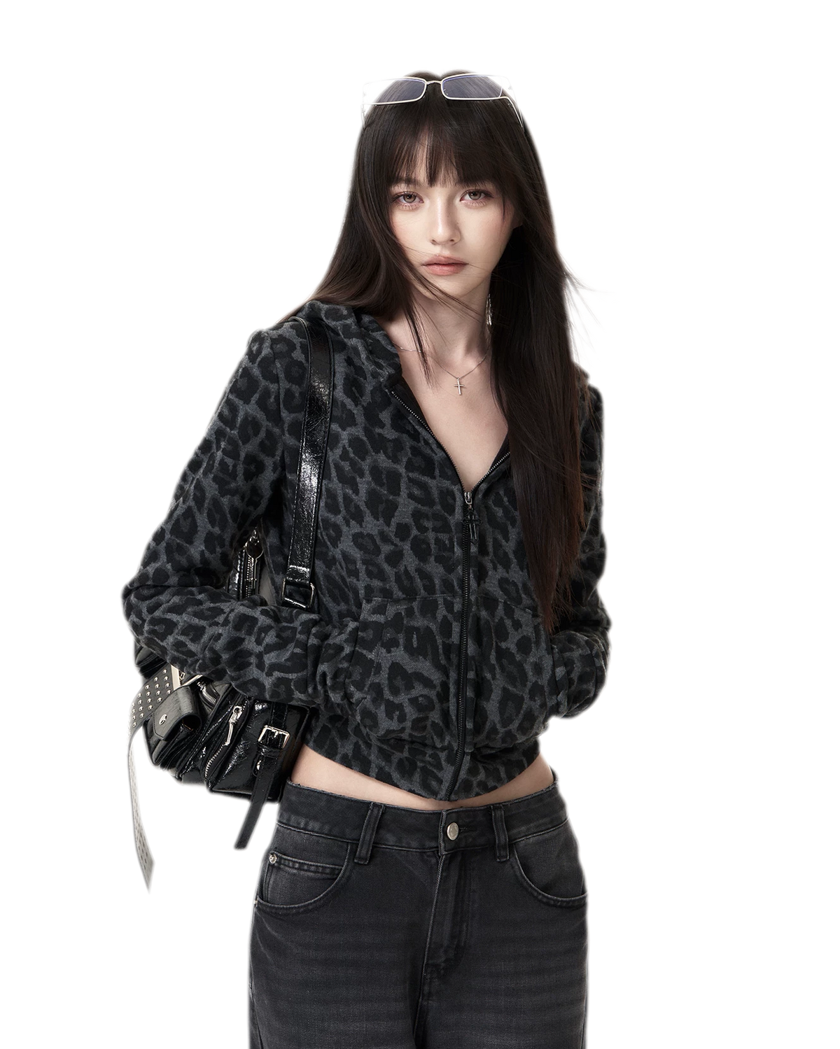 เสื้อฮู้ดครอปลายเสือผ้าขัดนุ่ม