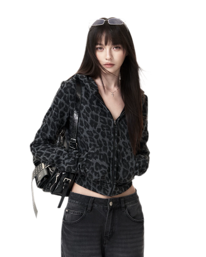 เสื้อฮู้ดครอปลายเสือผ้าขัดนุ่ม