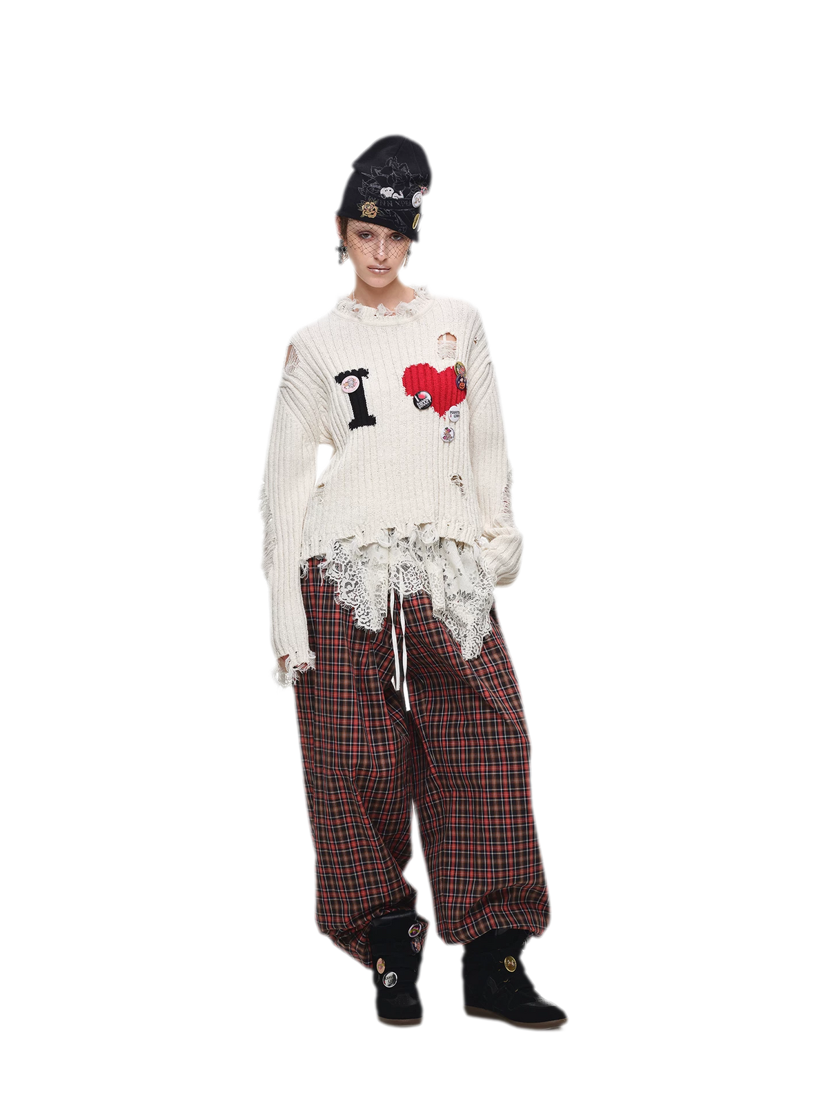 Contrast Plaid Wide-Leg Pants