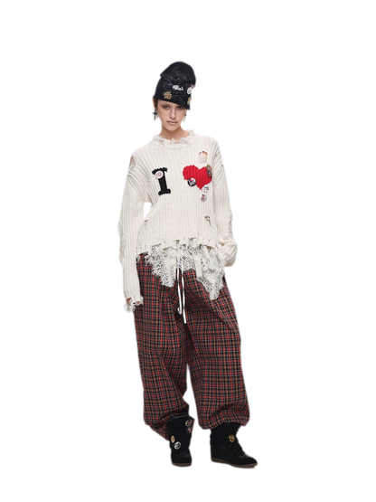 Contrast Plaid Wide-Leg Pants