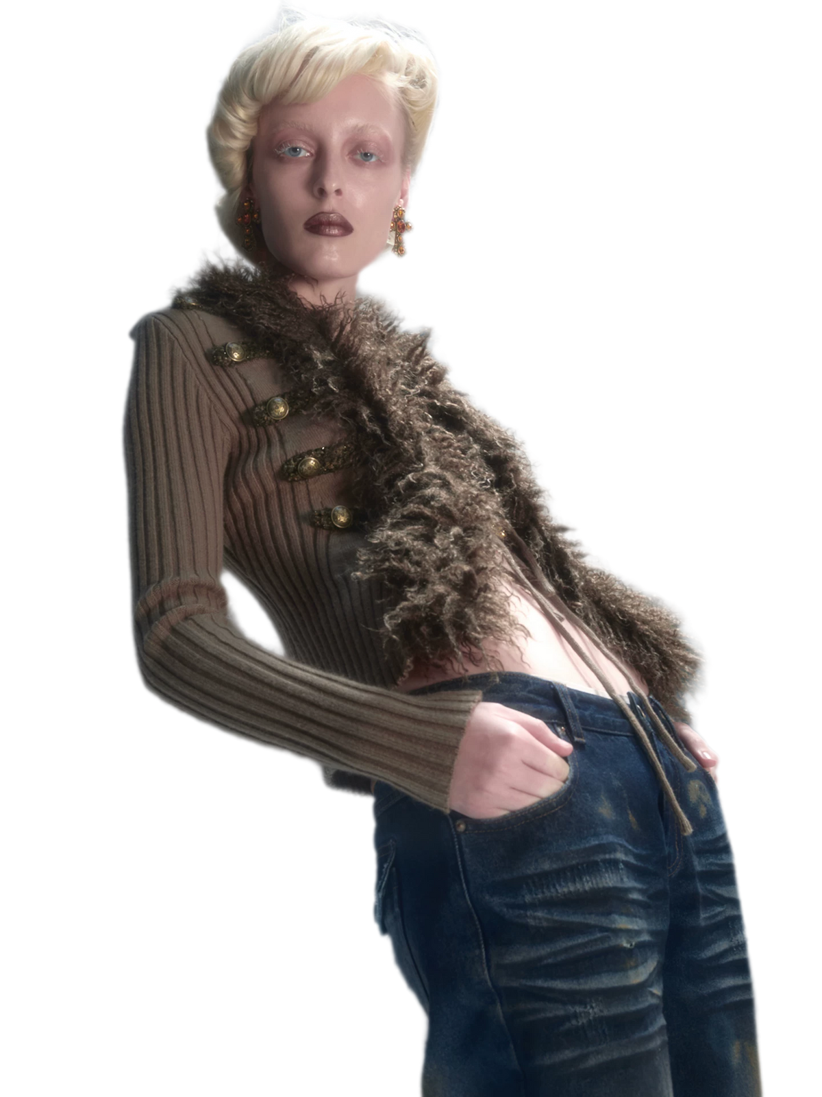 Rib-Knit Fitted Wool-Collar Cardigan