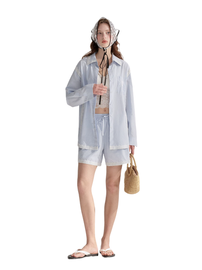 Lace Embroidered Loose Shirt &amp; Shorts Set