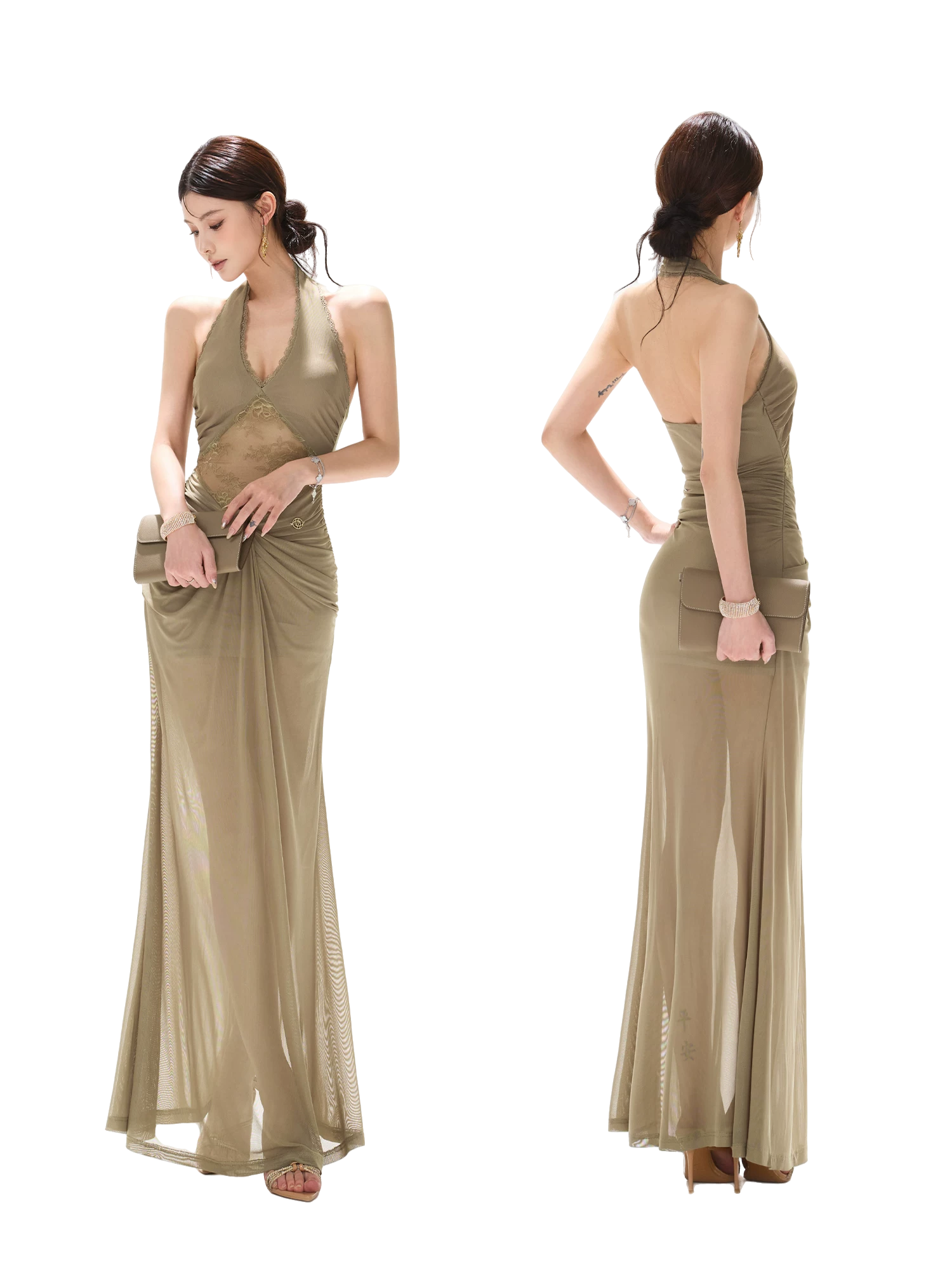 Deep V Halter Neck Lace Mesh Backless Long