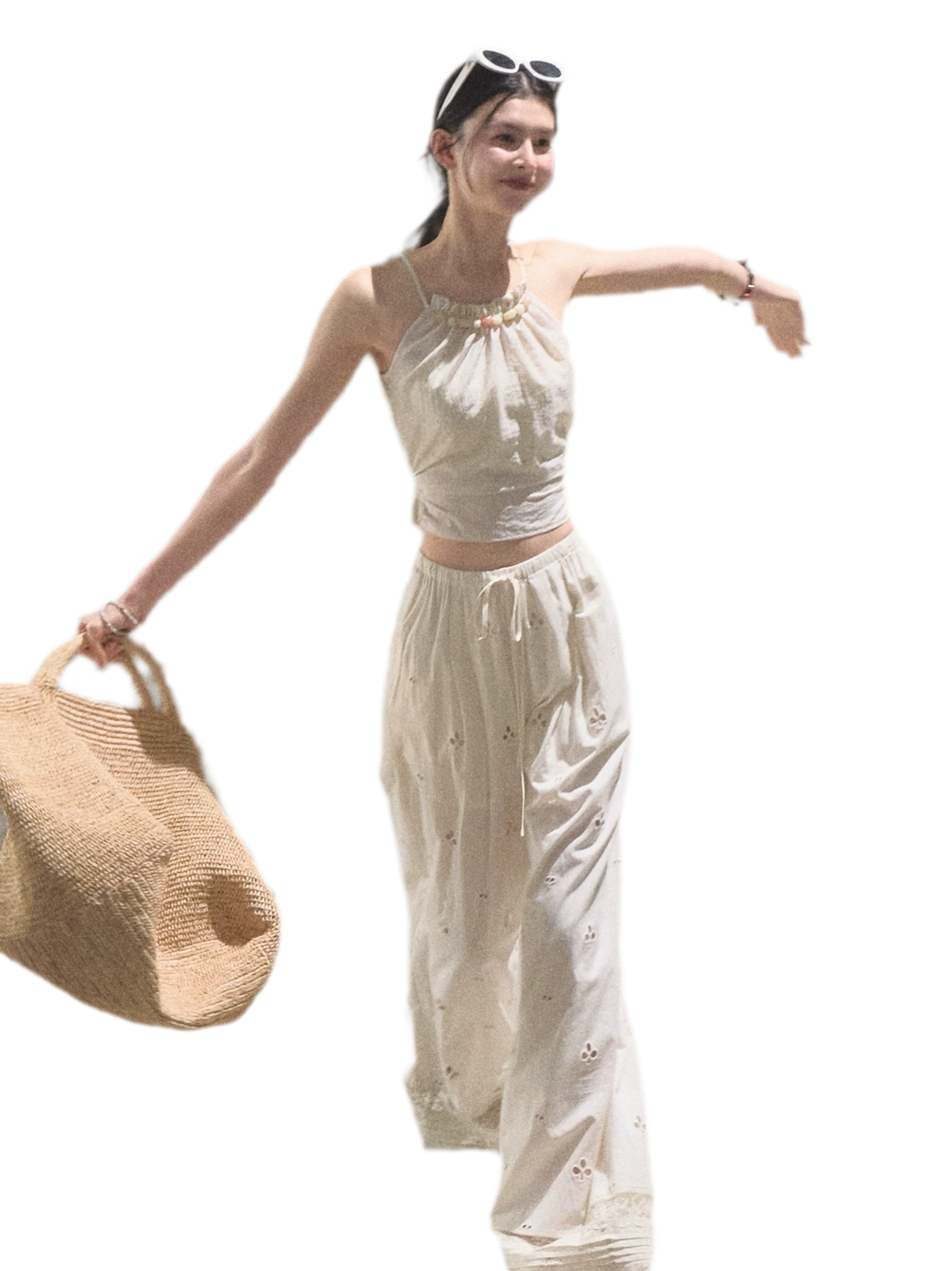 Cotton Eyelet Wide-Leg Pants