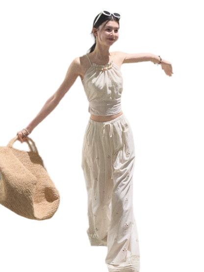 Cotton Eyelet Wide-Leg Pants