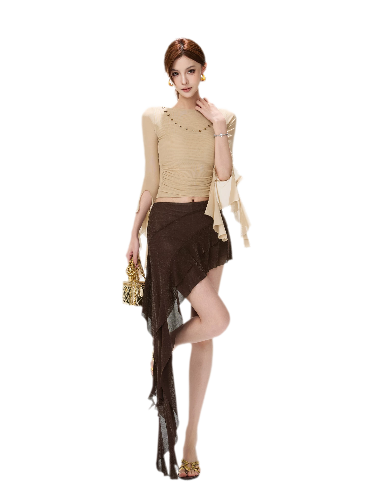 Ruched Mesh Boat-Neck Top