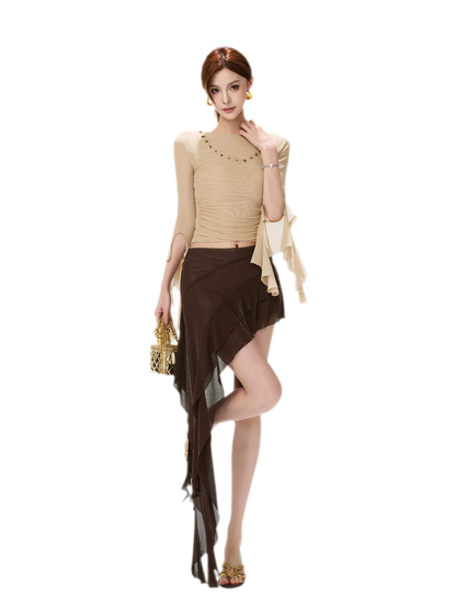 Ruched Mesh Boat-Neck Top