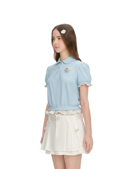 Gathered Puff Sleeve Polo T-shirt