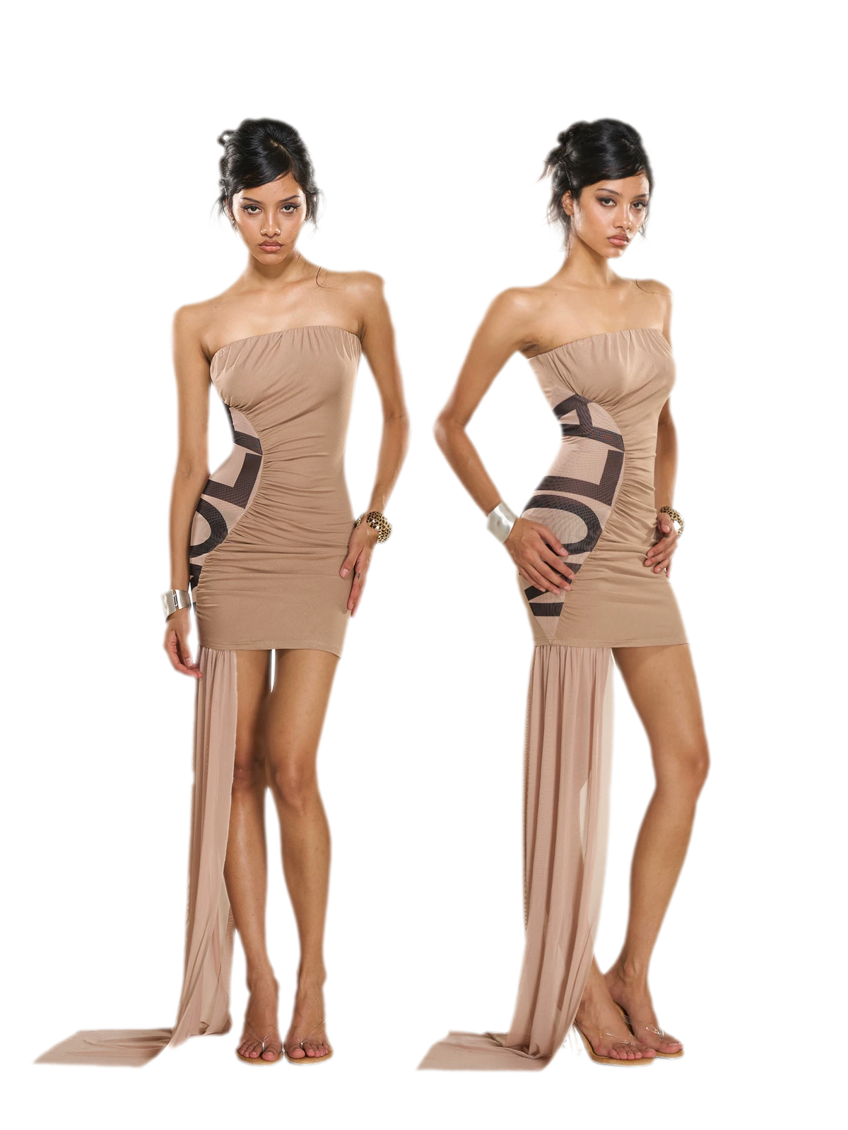 Ruched Strapless Slit Maxi Dress