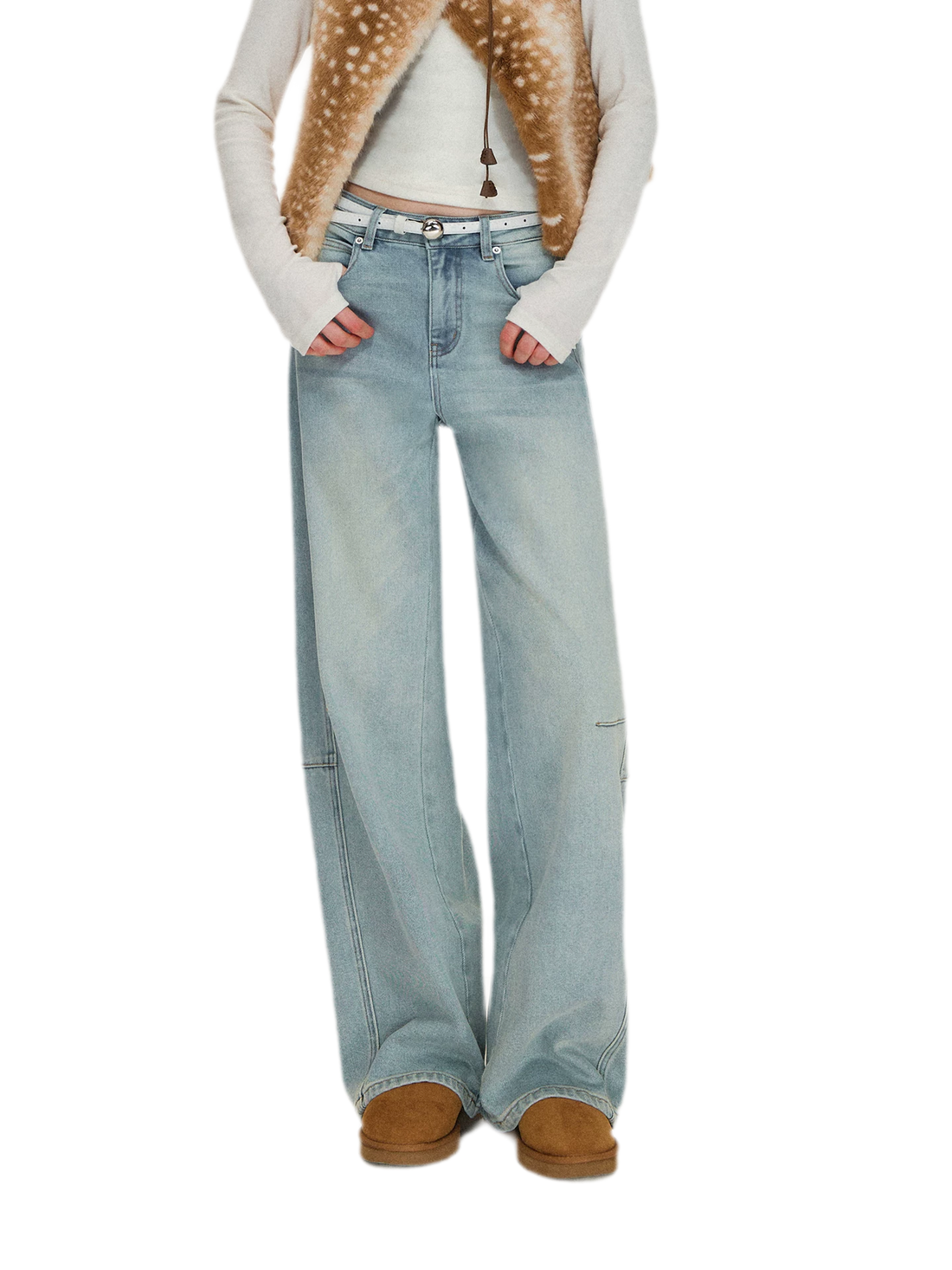 Washed Curved Wide-Leg Jeans