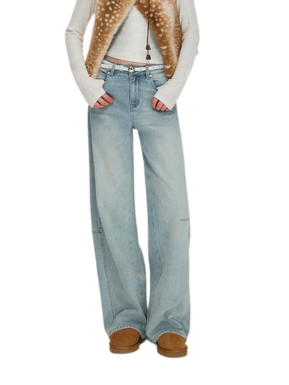 Washed Curved Wide-Leg Jeans