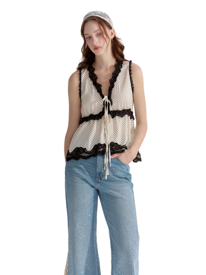 V-Neck Lace Polka Dot Waist-Defined Sleeveless Top