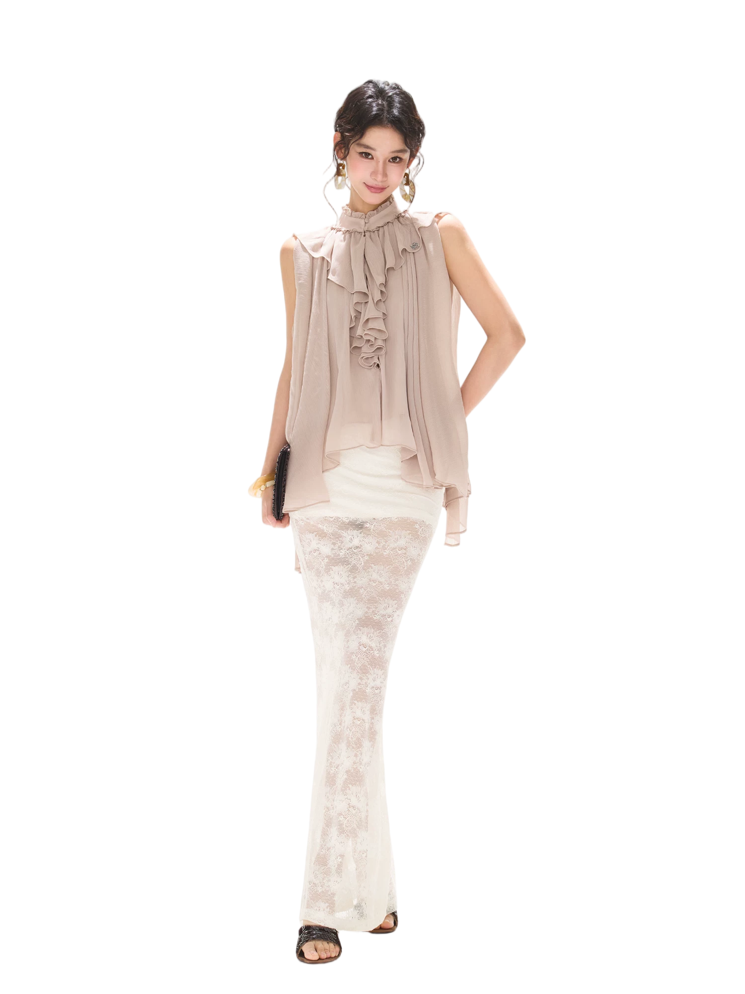 Lightweight Ruffle Collar Sleeveless Chiffon Blouse