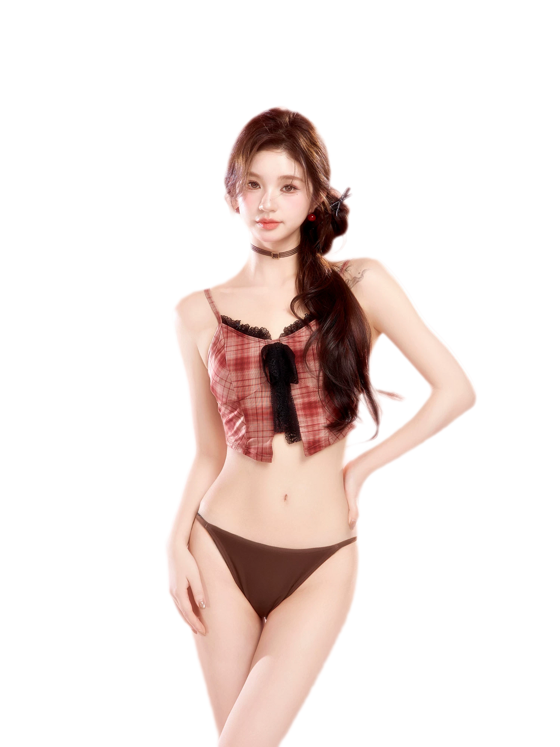 Plaid Lace Trim Bikini Set