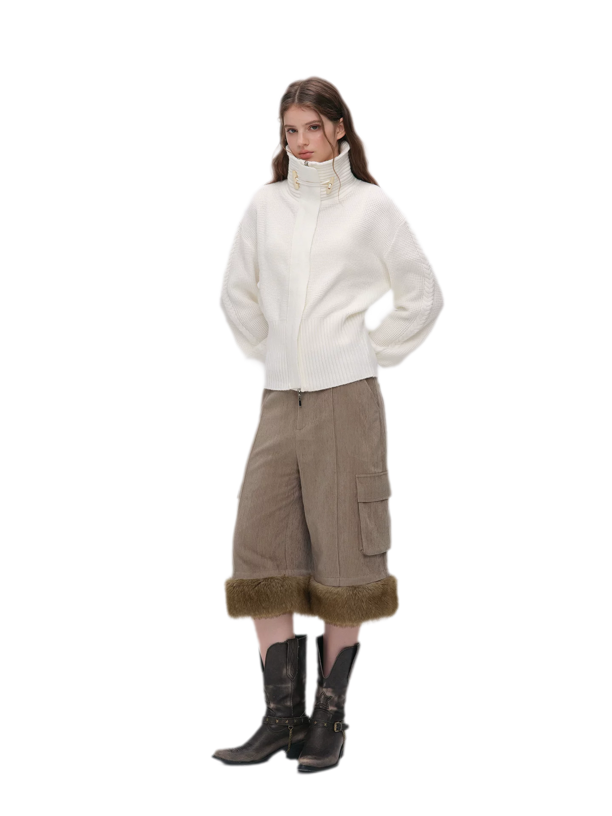 Chenille Cargo Cropped Wide-Leg Pants