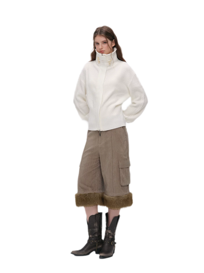 Chenille Cargo Cropped Wide-Leg Pants