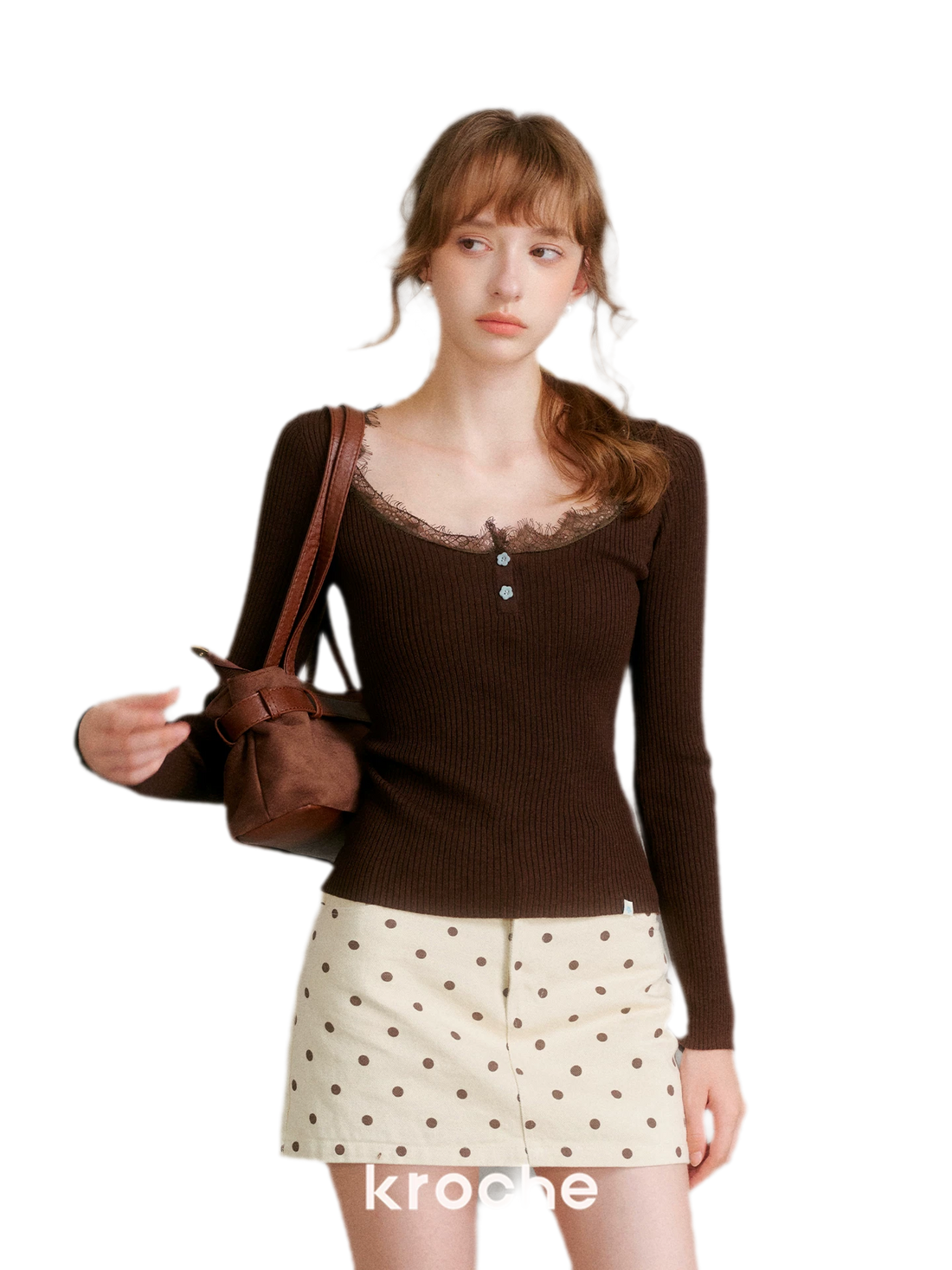 Schmal geschnittenes Stricktop mit Spitzenbesatz