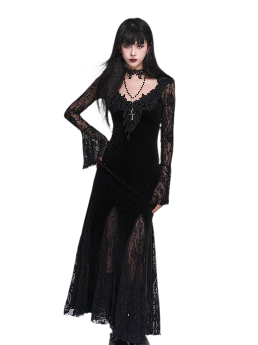 Lace-Sleeve Mermaid Gothic Dress