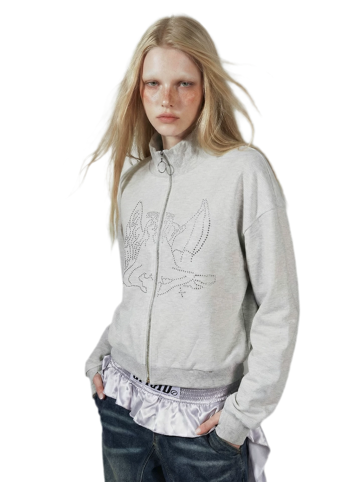 Cardigan corto con zip e strass