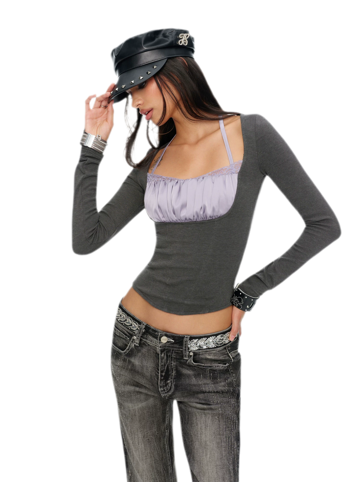 Top de base de encaje elástico con cuello halter