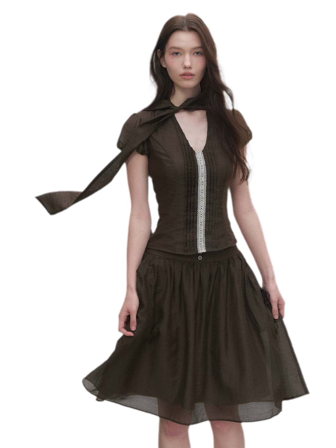 Tie-Neck Flared Skirt Set