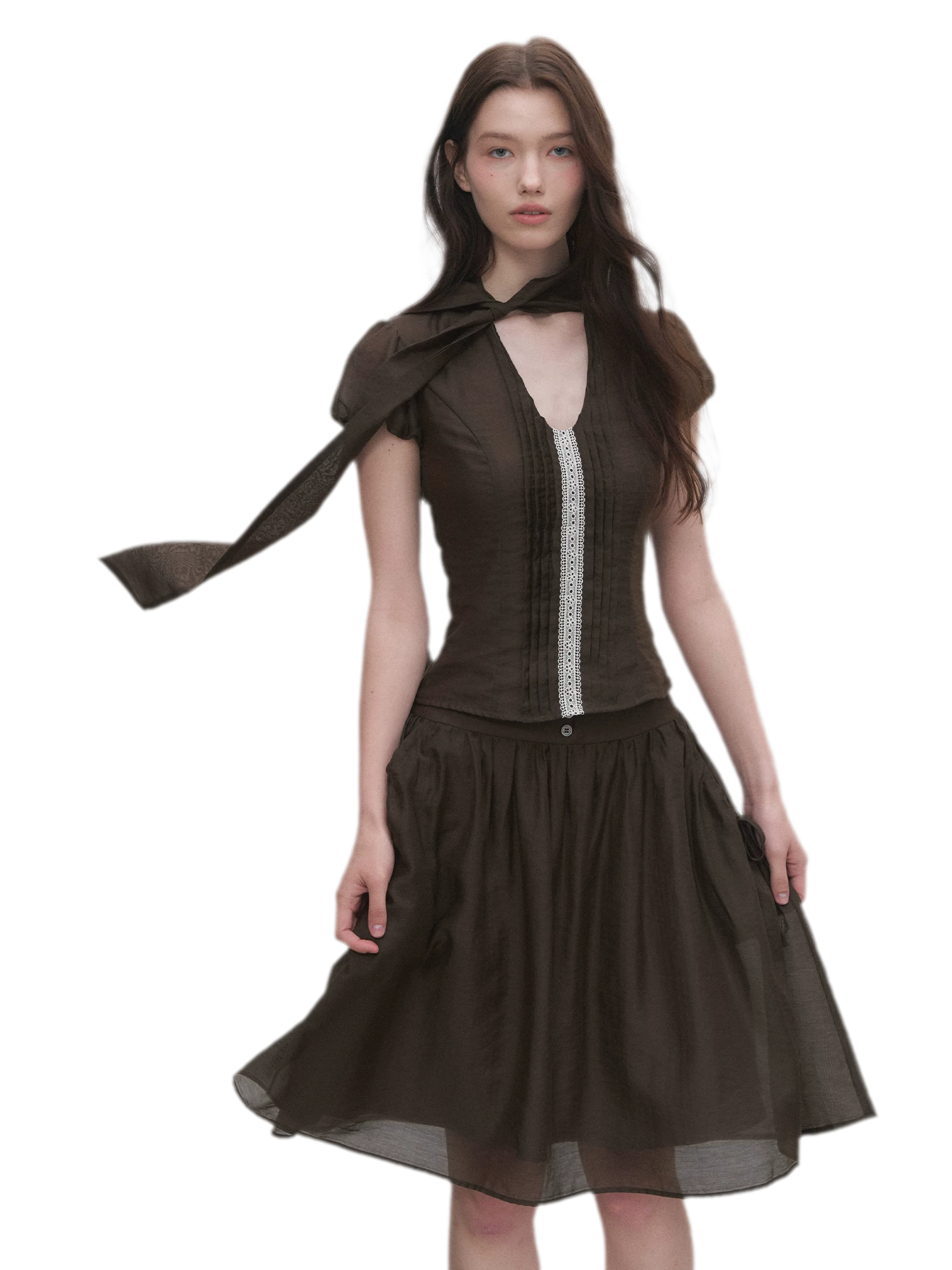 Tie-Neck Flared Skirt Set